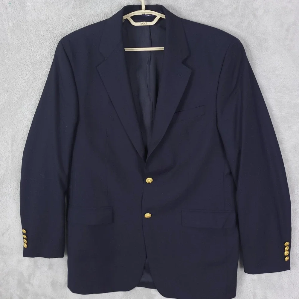 Chaps Ralph Lauren Blazer 100% Wool Gold Button Mens 40 L Sport Coat Jacket Blue